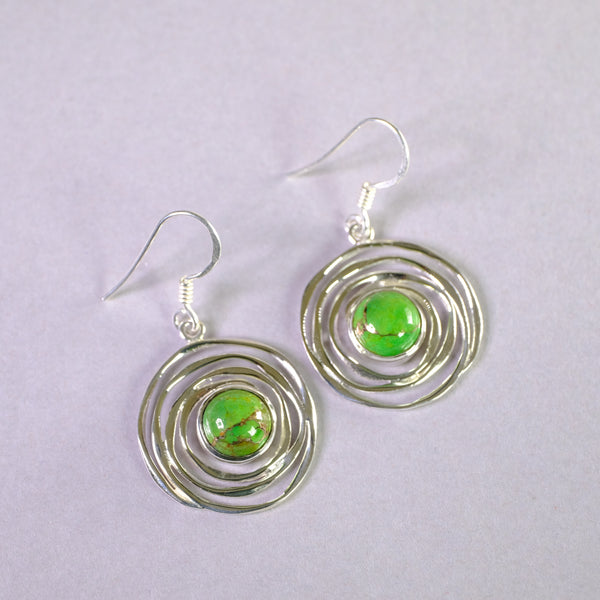 Silver Swirl and Green Mojave Turquoise Drop Earrings.