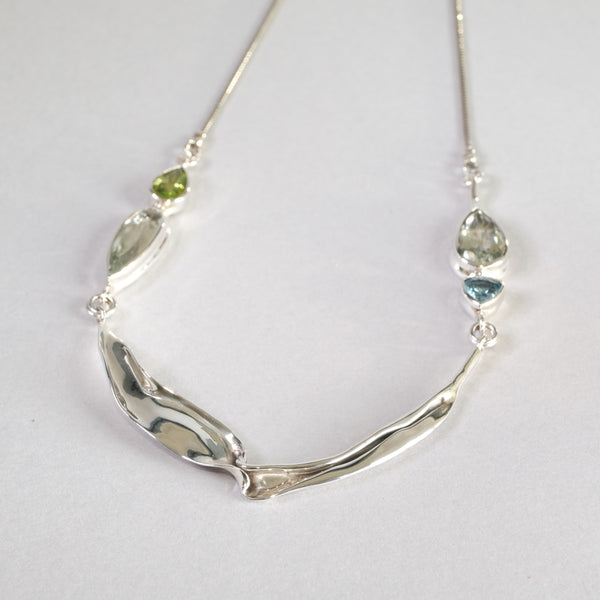 Sterling Silver and Green Amethyst, Peridot and Blue Topaz Necklace.