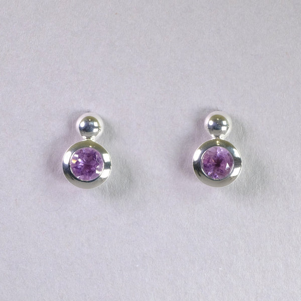 Double Circle Sterling Silver and Amethyst Stud Earrings.