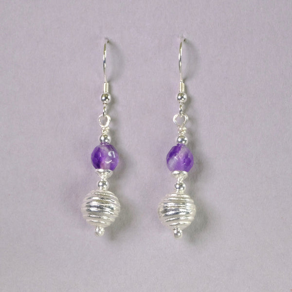 Sterling Silver and Amethyst Bead Drop Earrings.