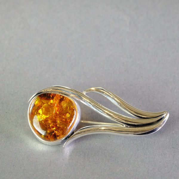 Sterling Silver and Amber Flower Design Brooch.