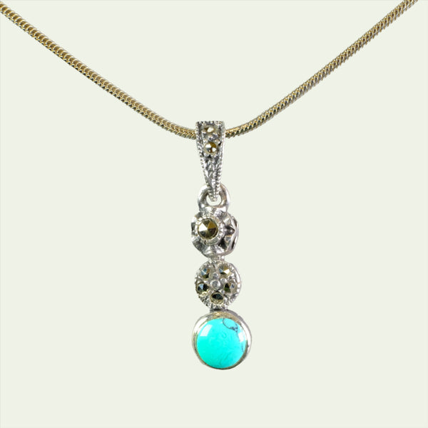 Triple Drop Silver, Turquoise and Marcasite Pendant.