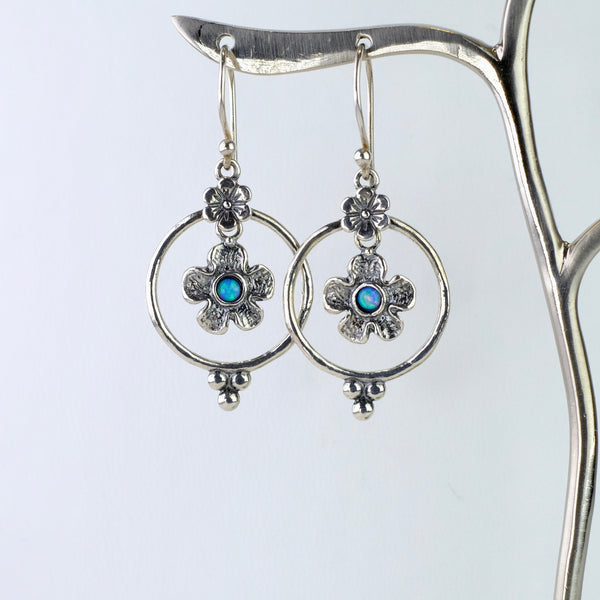 Opal and Silver Flower Hoop Earrings.