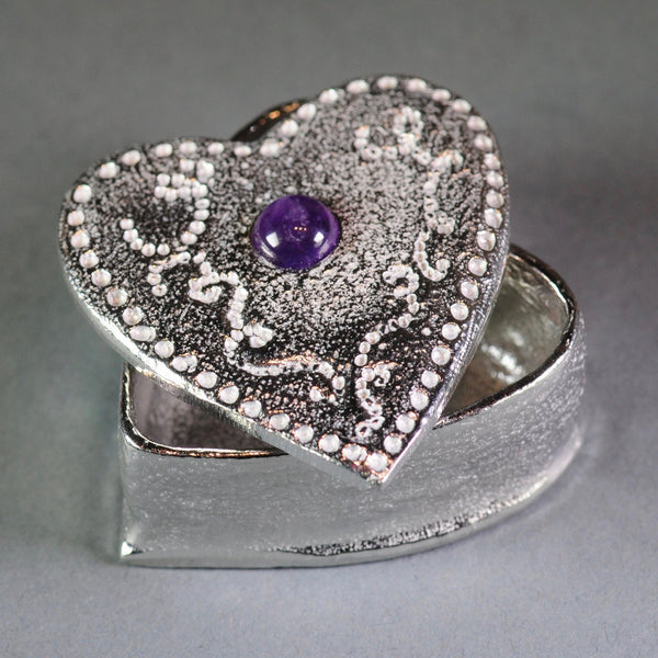 A Handmade Pewter Heart Trinket Box with Amethyst.