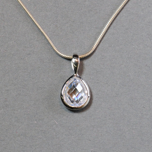 Tear Drop Cubic Zirconia and Silver Pendant.