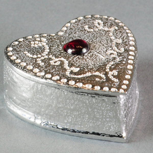A Handmade Pewter Heart Trinket Box with Garnet.