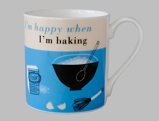 'I'm Happy When I'm Baking' Blue Bone China Mug.