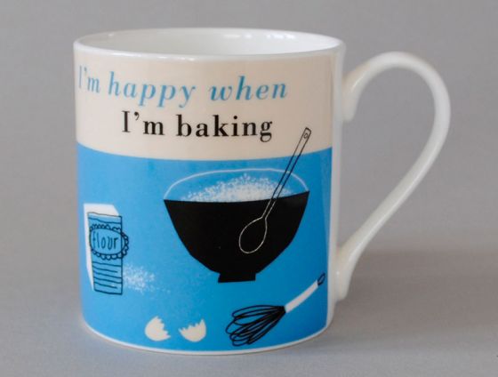'I'm Happy When I'm Baking' Blue Bone China Mug.