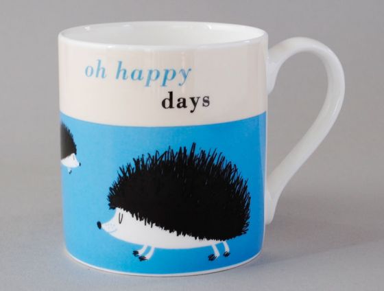 'Oh happy days' Hedgehog Blue Bone China Mug.