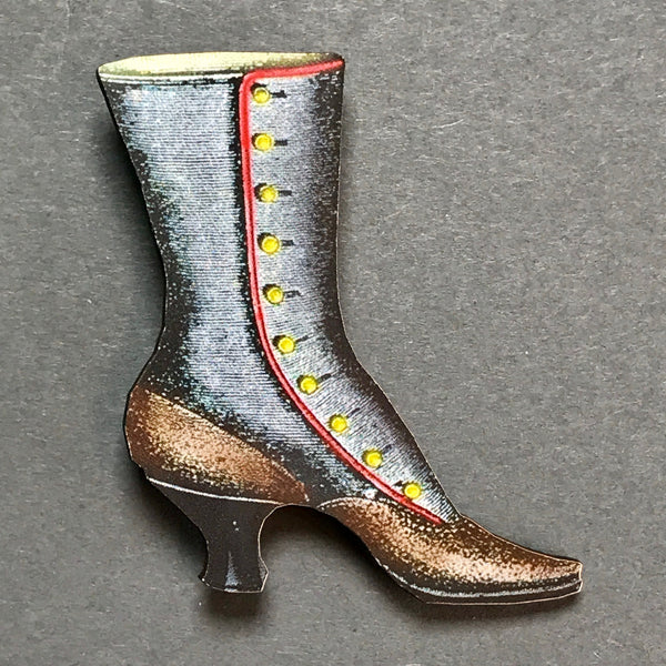 Printed Wooden Boot Brooch.