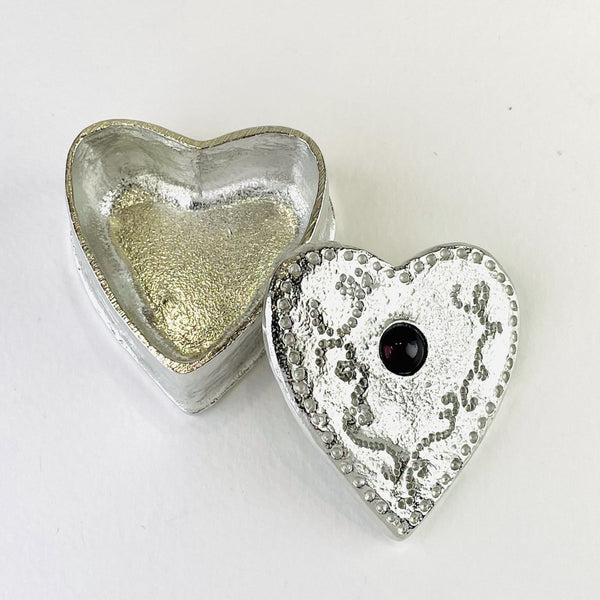 A Handmade Pewter Heart Trinket Box with Garnet.