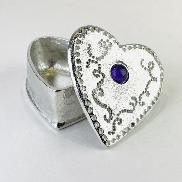 A Handmade Pewter Heart Trinket Box with Amethyst.