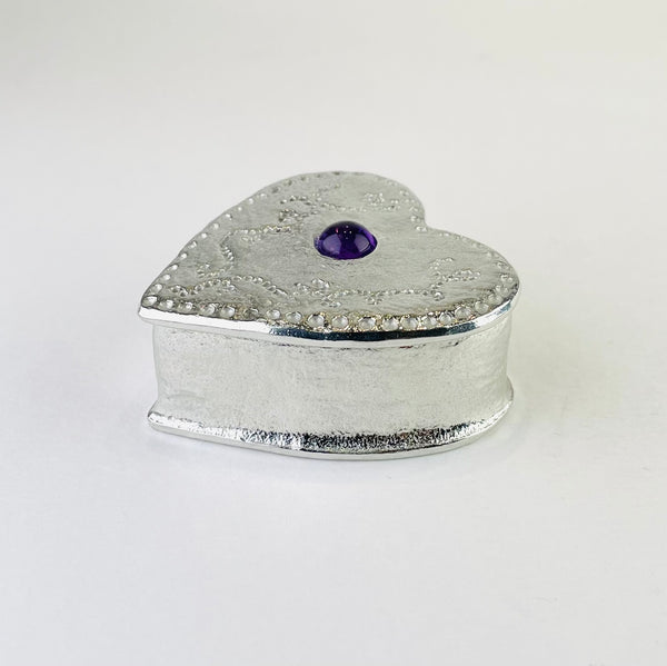 A Handmade Pewter Heart Trinket Box with Amethyst.