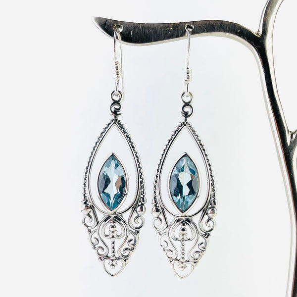 Ornate Silver and Blue Topaz Drop Earrings.