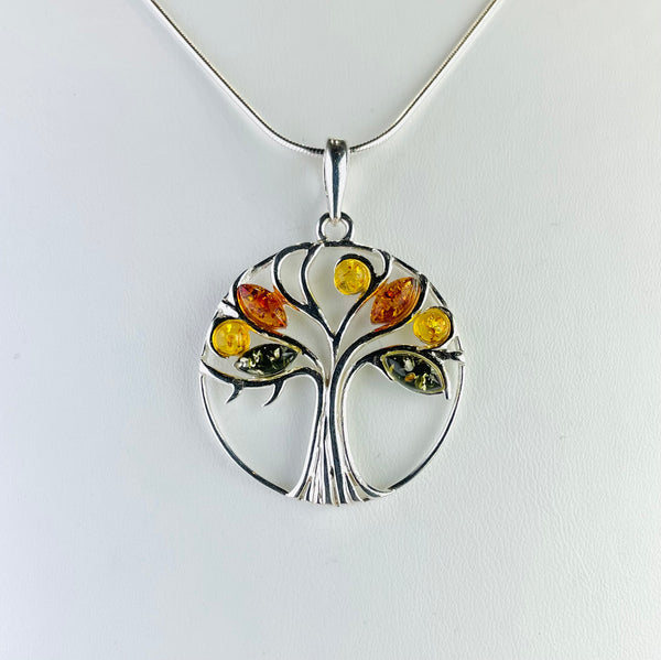 Mixed Amber and Silver 'Tree of Life' Pendant.