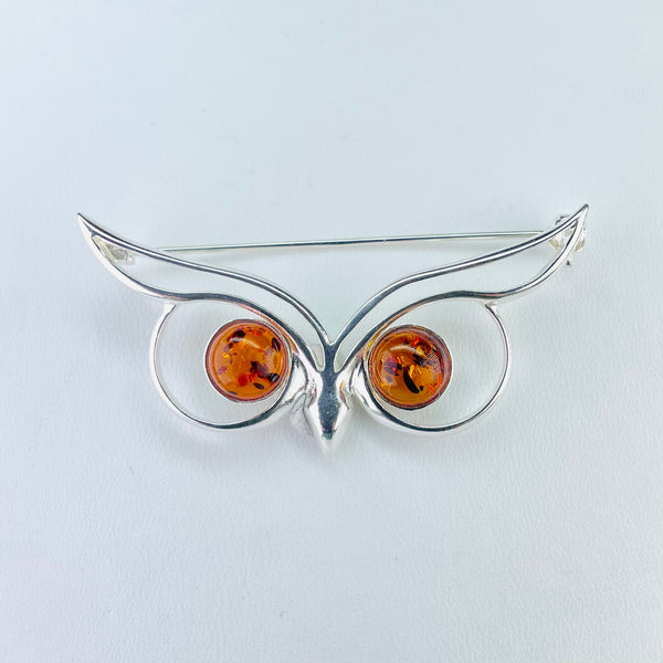 Silver and Amber Owl Face Brooch