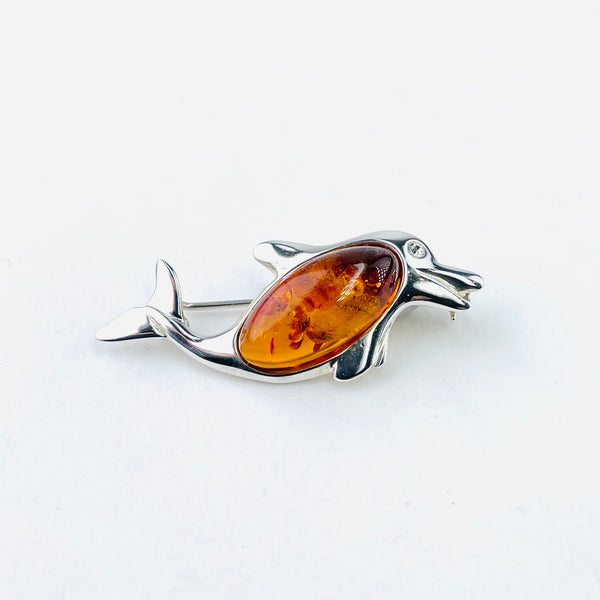 Sterling Silver and Amber Dolphin Brooch.