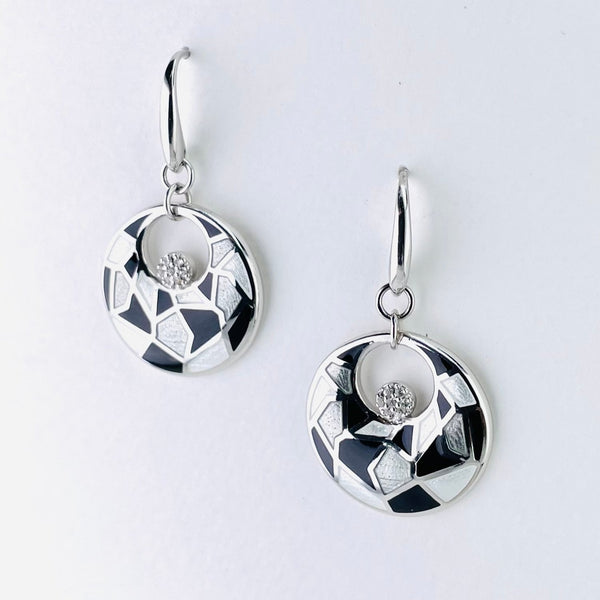 Silver Harlequin Enamel and White Sapphire Drop Earrings.
