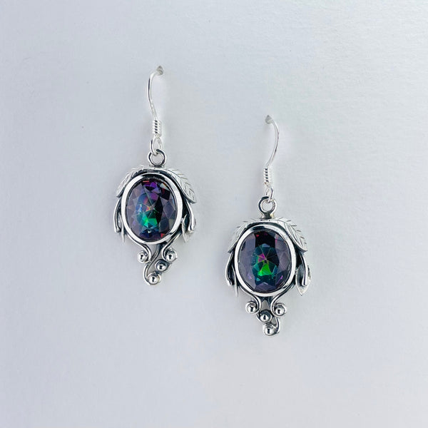 Silver and Faceted Mystic Topaz Art Nouveau Style Drop Earrings.