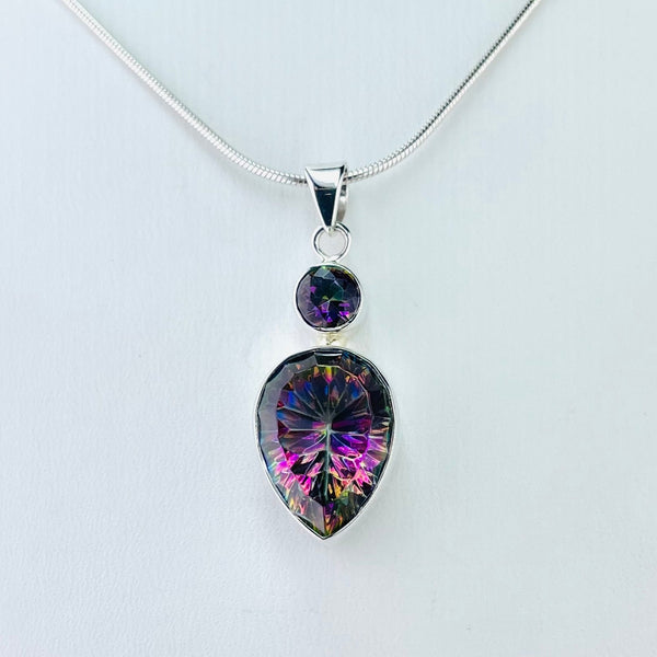 Tear Drop and Round Stoned Silver and Mystic Topaz Pendant.