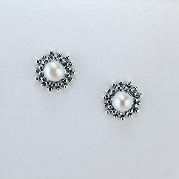 Patterned Silver and Round Pearl Stud Earrings.