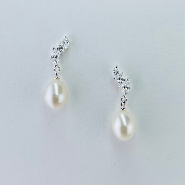 Silver, Cubic Zirconia and Freshwater Pearl Drop Earrings. by Jb Designs.