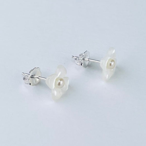 Carved Mother of Pearl and Fresh Water Pearl Flower Stud Earrings.