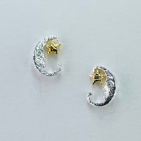 Silver and Gold Plated Man in the Moon Stud Earrings.