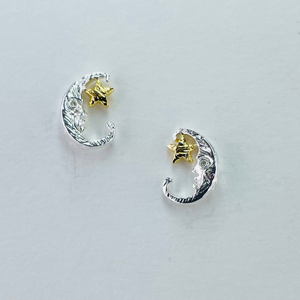 Silver and Gold Plated Man in the Moon Stud Earrings.