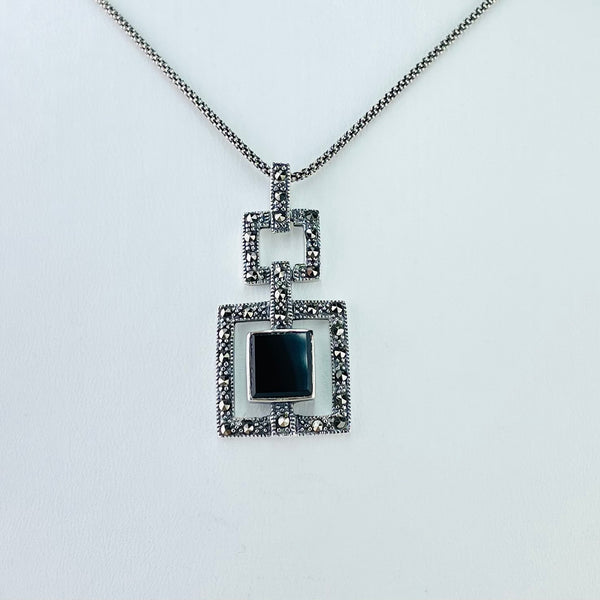 Double Square Silver, Marcasite and Black Onyx Pendant.