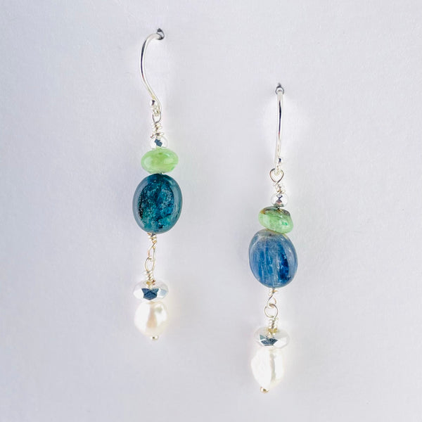 Pearl, Apatite, Amazonite and Silver Beaded Earrings by Emily Merrix.