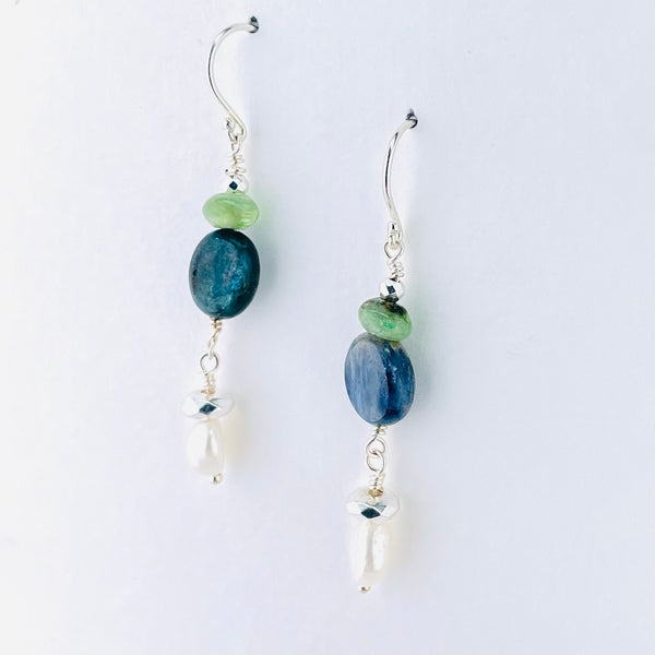 Pearl, Apatite, Amazonite and Silver Beaded Earrings by Emily Merrix.