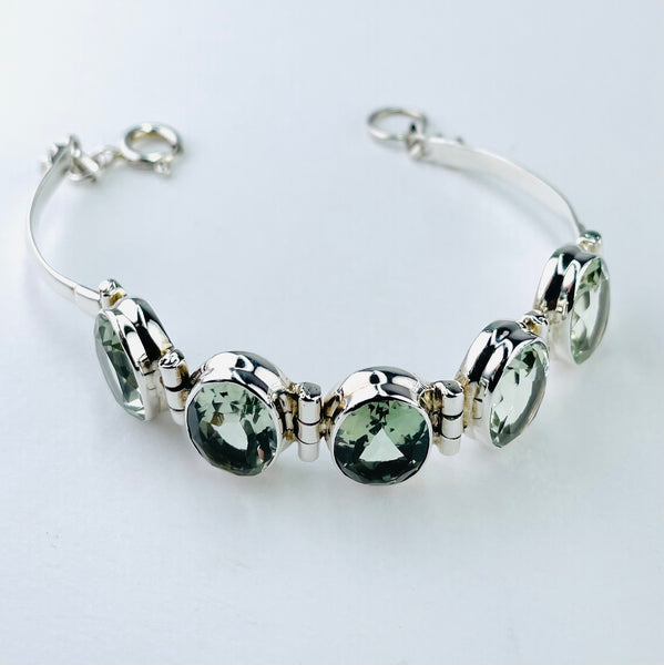 Heavyweight Silver and Faceted Green Amethyst Stone Set Bracelet.