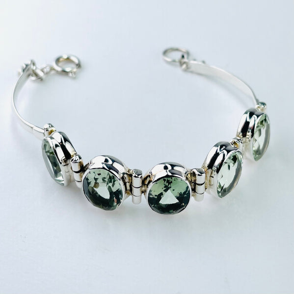 Heavyweight Silver and Faceted Green Amethyst Stone Set Bracelet