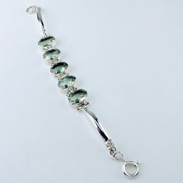 Heavyweight Silver and Faceted Green Amethyst Stone Set Bracelet.