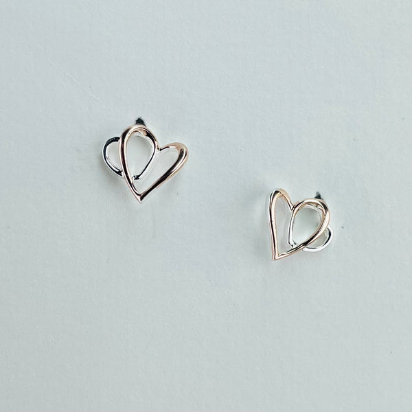 Silver and Rose Gold Double Heart Stud Earrings by 'Unique and Co'