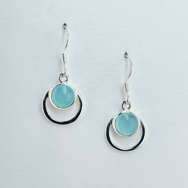 Double Circle Silver and Chalcedony Drop Earrings.
