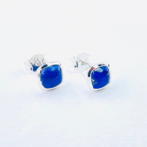 Square Lapis Lazuli and Silver Stud Earrings.