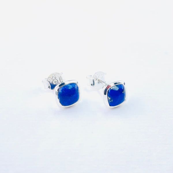 Square Lapis Lazuli and Silver Stud Earrings.