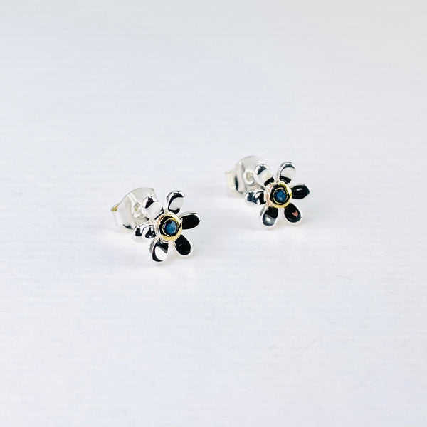 Silver and Gold Plated Sapphire Flower Stud Earrings.