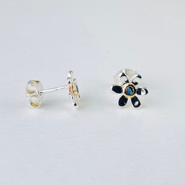 Silver and Gold Plated Sapphire Flower Stud Earrings.