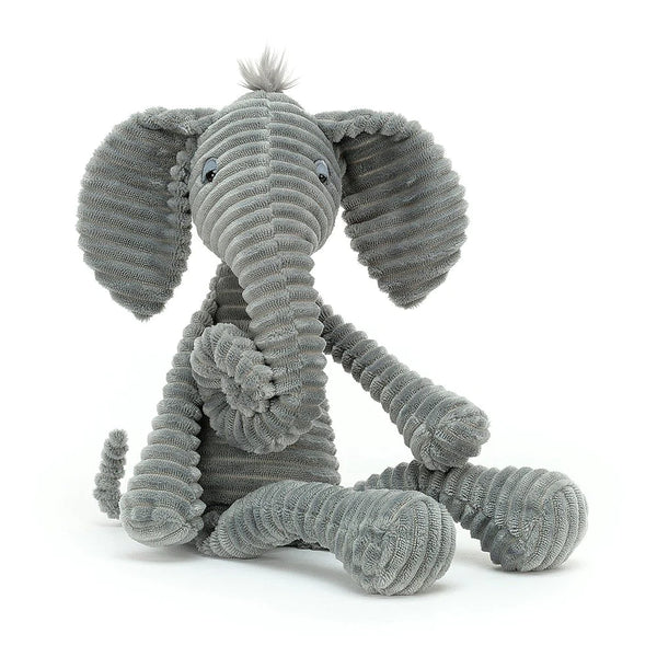 A gentle grey coloured elephant, designed to sit down rather than stand. He has long legs and arms with clumpy feet and hands, a long curly trunk and a short tail. He has a fluffy topknot standing up on top of his head and large ears flopping down the side of his face.