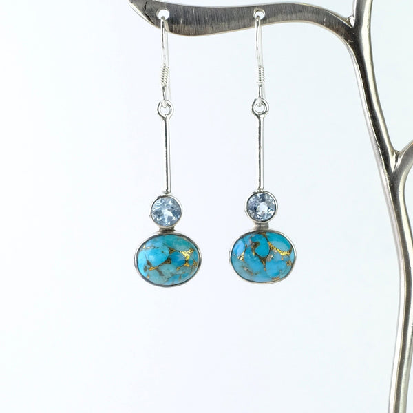Sterling Silver, Blue Topaz and Mojave Turquoise Drop Earrings.