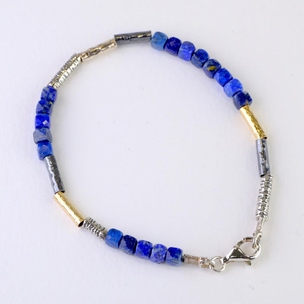 Lapis, Rolled Gold and Silver Beaded Bracelet by JB Designs.
