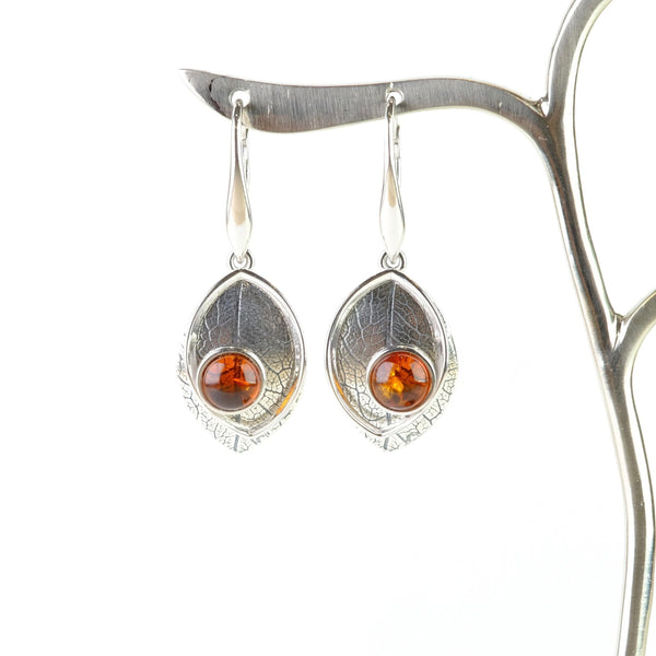 Double Silver Leaf and Amber Earrings.