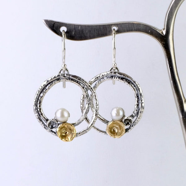 Silver with Gold Plated Detail and Freshwater Pearl Drop Earrings by JB Designs