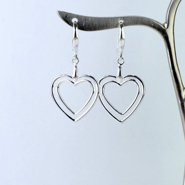 Sterling Silver Double Heart Drop Earrings by JB Designs.