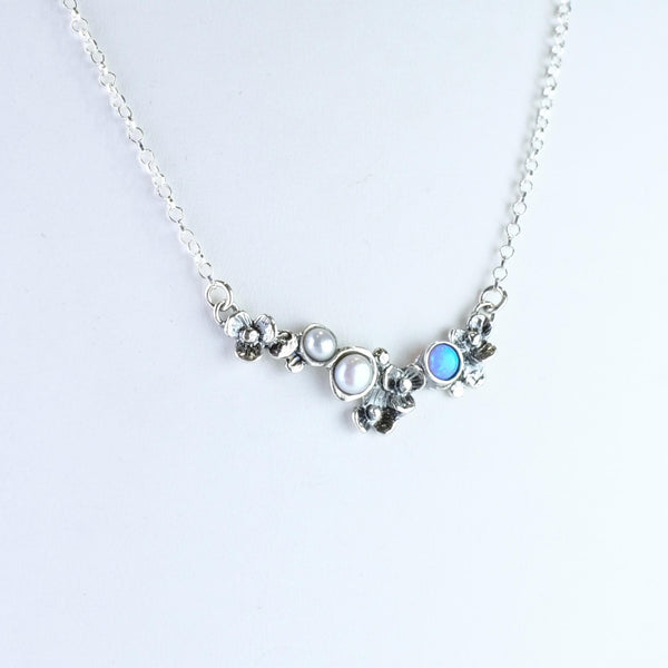 Sterling Silver, Opal and Pearl Floral Necklace.