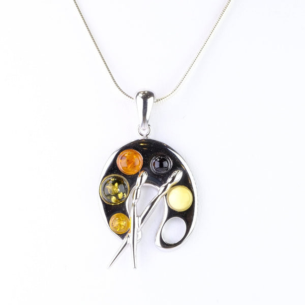 Mixed Amber and Silver Artist Palette Pendant.