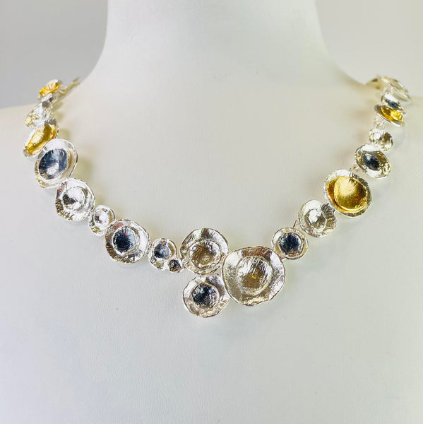 Satin Silver, Oxidized Silver and Gold Plated Linked Necklace by JB Designs.